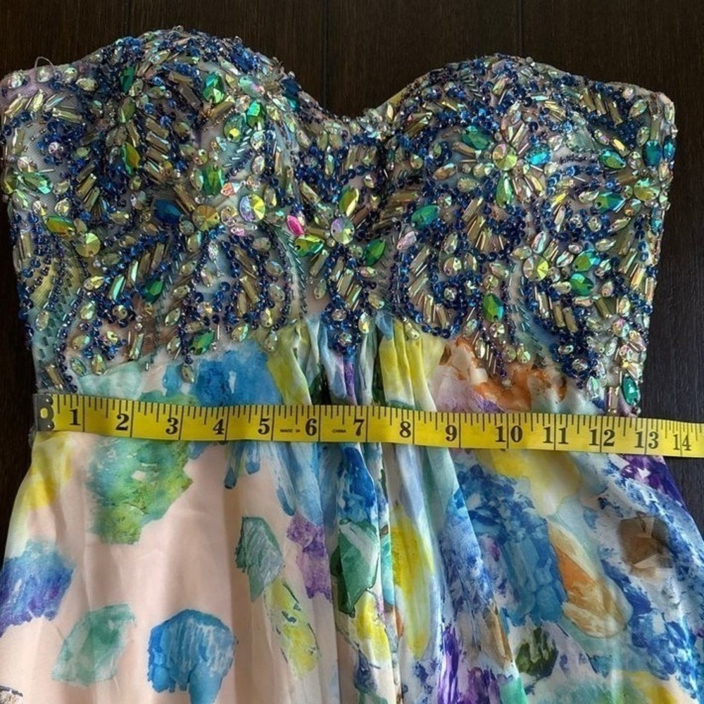 Tony Bowls Evenings Floral Beaded Strapless‎ Gown Peach Blue Watercolor Dress 2 - Picture 6 of 7